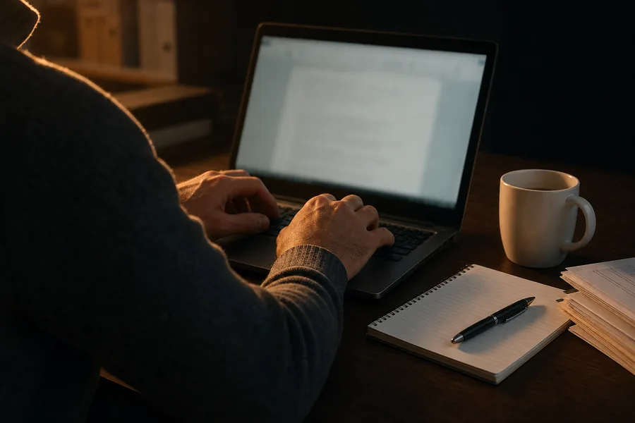 Schreibtisch am frühen Morgen: Hände auf einer Laptop-Tastatur, daneben eine Kaffeetasse und ein Notizblock.
