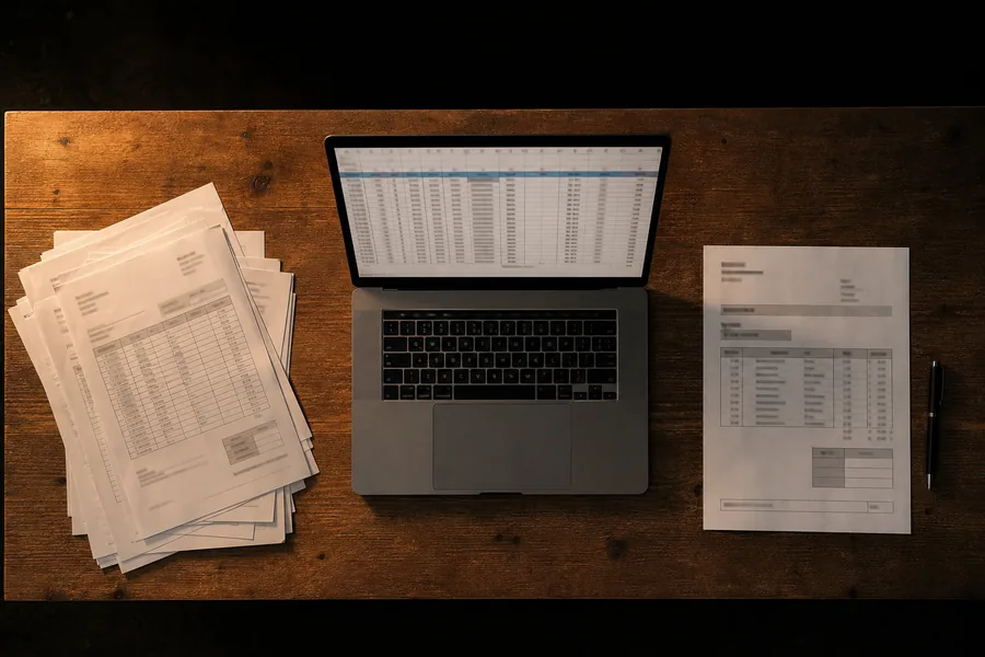 Blick von oben auf einen Schreibtisch: links ein Stapel Lieferscheine, in der Mitte ein Laptop mit einer gefüllten Tabelle, rechts ein ausgedrucktes Angebot.