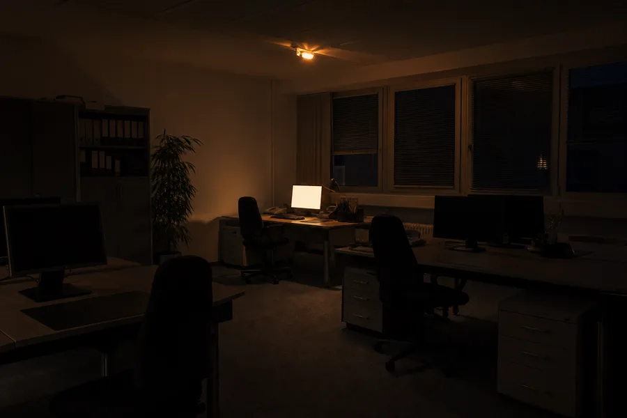 Ein kleines Büro am späten Abend: alle Arbeitsplätze dunkel, an einem einzigen leuchtet noch der Bildschirm.